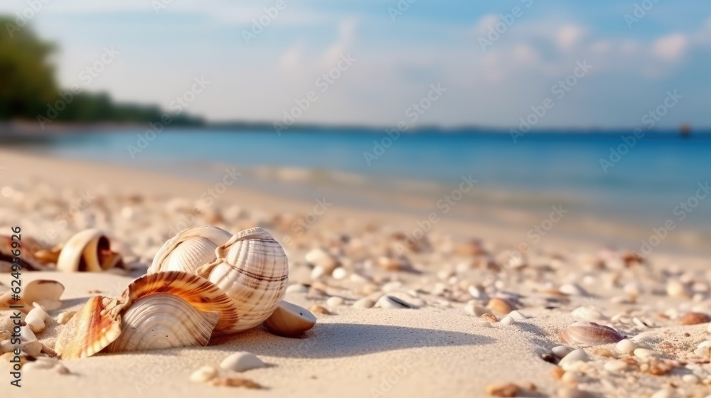 Seashells on a sandy beach. Tropical beach with seashells on white sand Seashells on a sandy beach. Tropical beach with seashells on white sand