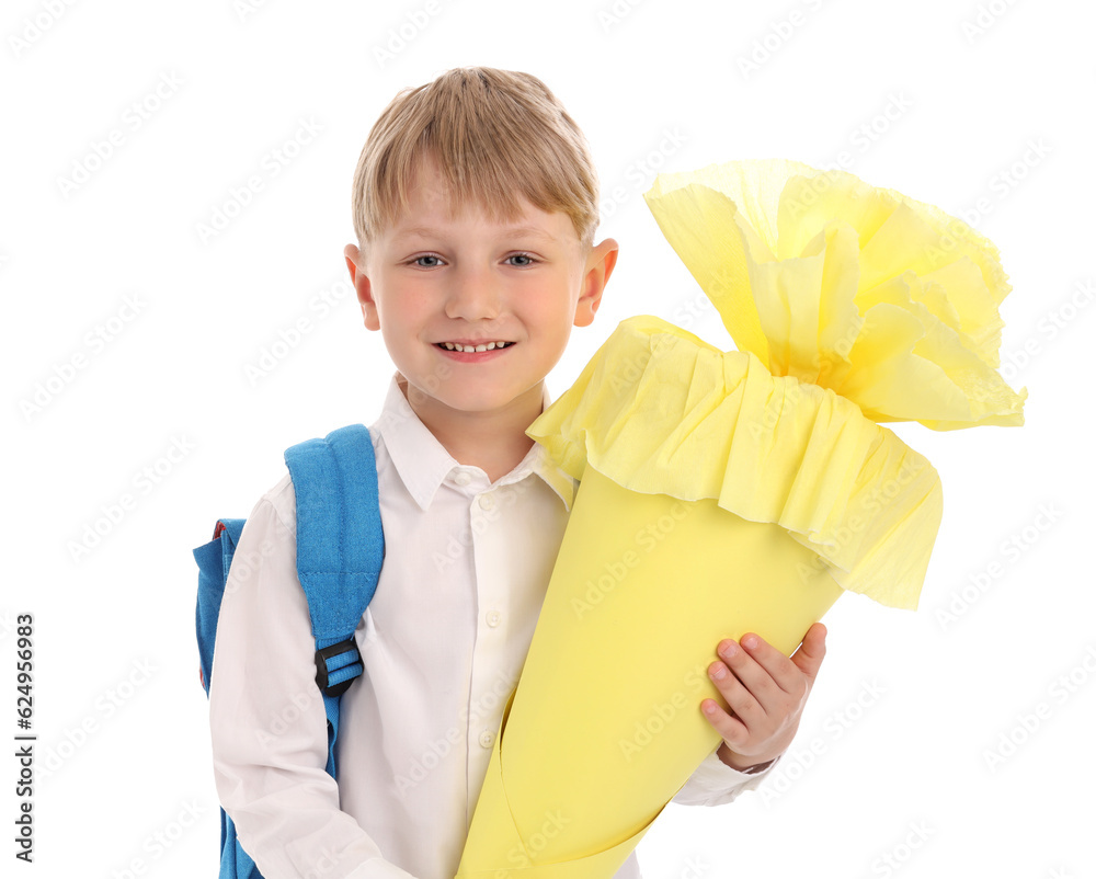 Little boy with backpack and yellow school cone isolated on white background Little boy with backpack and yellow school cone isolated on white background