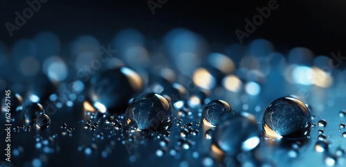 Abstract background of water drops on a blue background, close up. Generative AI