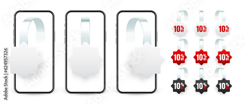 Supermarket promotional wobblers and smartphone. Realistic wobbler for shelf advertising. Sale, percent discount label. Special offer price tag. Online, web shop concept. Vector illustration