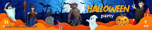 Halloween party paper cut banner with cartoon characters. Vector invitation design with 3d papercut effect. Ghost, witch, werewolf, vampire and pumpkin on night cemetery landscape with tombs and trees