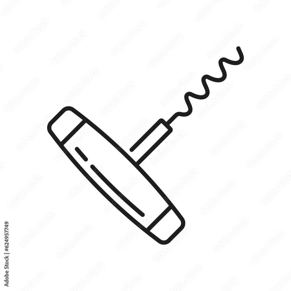 Corkscrew to uncork drinks and beverages, winery twisted tool, line art icon. Vector bottle opener with wooden handle, twisted spin to open wine Corkscrew to uncork drinks and beverages, winery twisted tool, line art icon. Vector bottle opener with wooden handle, twisted spin to open wine