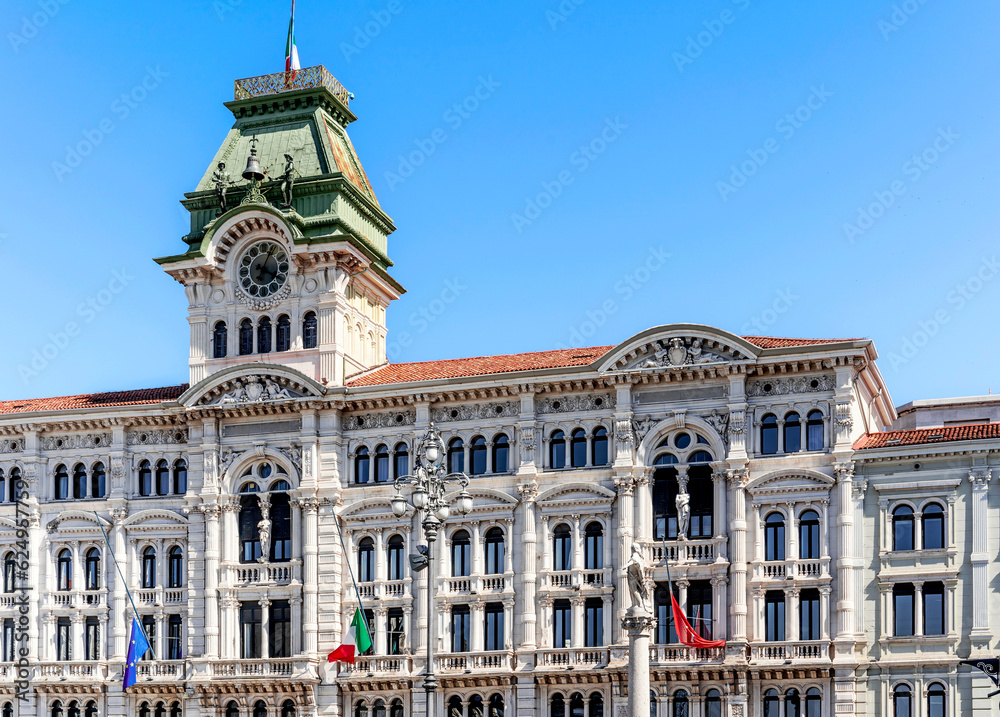 The facade of Trieste City Hall, built in 19th century in eclectic style, in piazza Unità d'Italia (Unity of Italy Square), Trieste city center, Italy