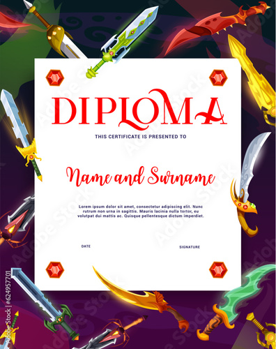 Kids knight diploma with magic swords and blades, education certificate award, vector template. Cartoon certificate with fairy tale Medieval swords, warrior or king guardian blades and daggers