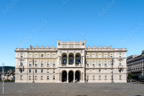 the façade of "Palazzo del Governo" building, once Palace of the Austrian-Hungarian lieutenancy and now house of the Prefecture, in piazza Unità d'Italia, Trieste city center, Italy