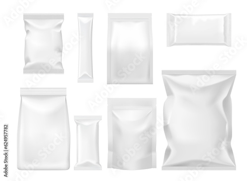 Polymer and paper packages and packets mockups. Food product disposable packaging isolated vector templates. Sugar, dog food, cookie or chips plastic or paper sachets, blank aluminium packets set