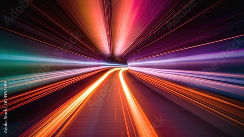 Abstract long exposure dynamic speed light trails in a the tunnel. Generative AI
