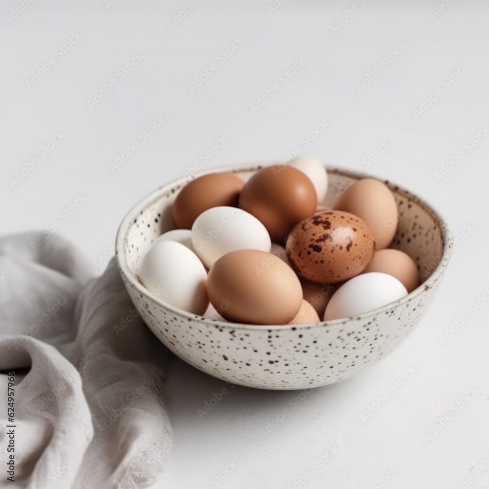 chicken eggs in a bowl on a light background. Generative AI chicken eggs in a bowl on a light background. Generative AI