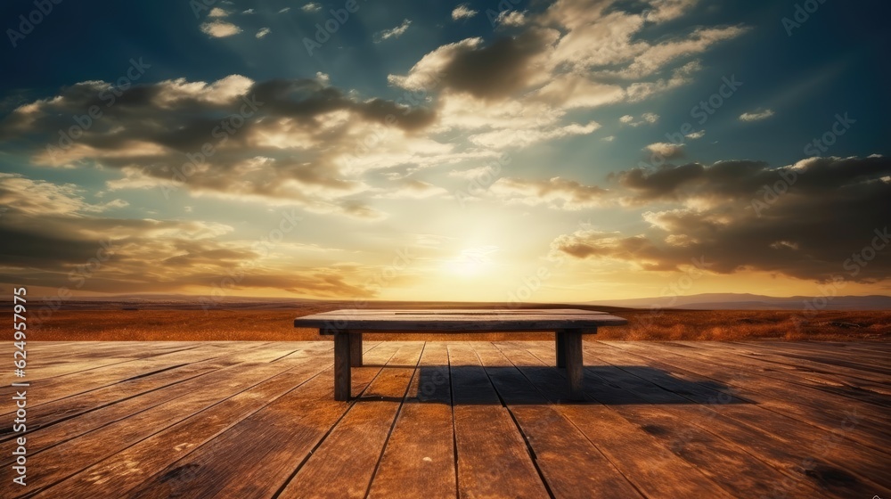 An empty wooden table on a background of nature, sunset. Generative AI An empty wooden table on a background of nature, sunset. Generative AI