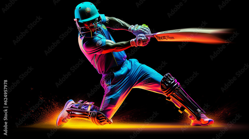 Cricket Batsman, efeito de luz neon, fundo escuro - obrazy, fototapety, plakaty 