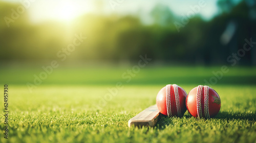 Bola de críquete e bastão de críquete na grama verde do campo de críquete photo