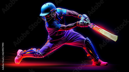 Cricket Batsman, efeito de luz neon, fundo escuro © Alexandre