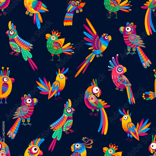 Cartoon Mexican and Brazilian parrot characters on seamless pattern background, vector funny birds. Colorful tropical and exotic jungle birds with Mexican alebrije art ornament pattern on feathers
