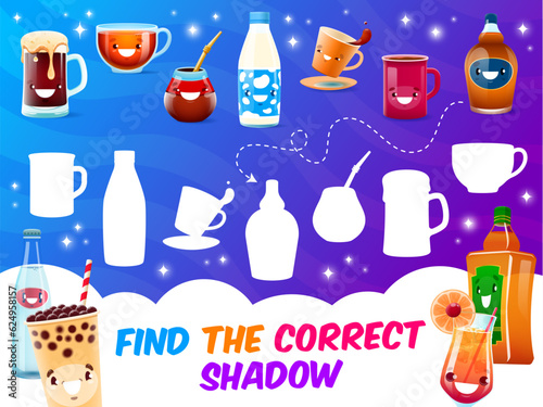 Find correct shadow of cartoon drink characters on kids quiz game, vector worksheet. Find and match suitable shadow silhouette of funny coffee and bubble tea cup, milk and water bottle with beer