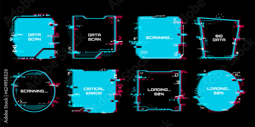 Glitch tech banners. Technology abstract corrupted frames. Futuristic round and square frames or vector banners with computer monitor RGB pixel glitch, screen analog video fail or data loss bug