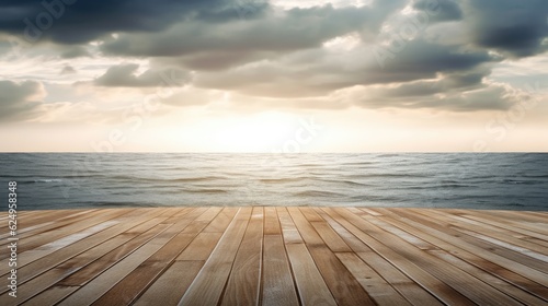 An empty wooden plank on a background of nature and water. Beautiful sky and clouds. Generative AI