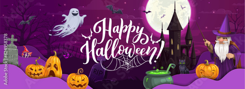 Halloween paper cut banner. Cartoon wizard, pumpkins, castle and midnight cemetery landscape. Vector background with 3d effect papercut waves. Old wiz with wand and cauldron, spook and cat at night