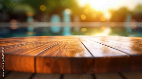 An empty wooden table on a blurry background of pool and trees. Generative AI