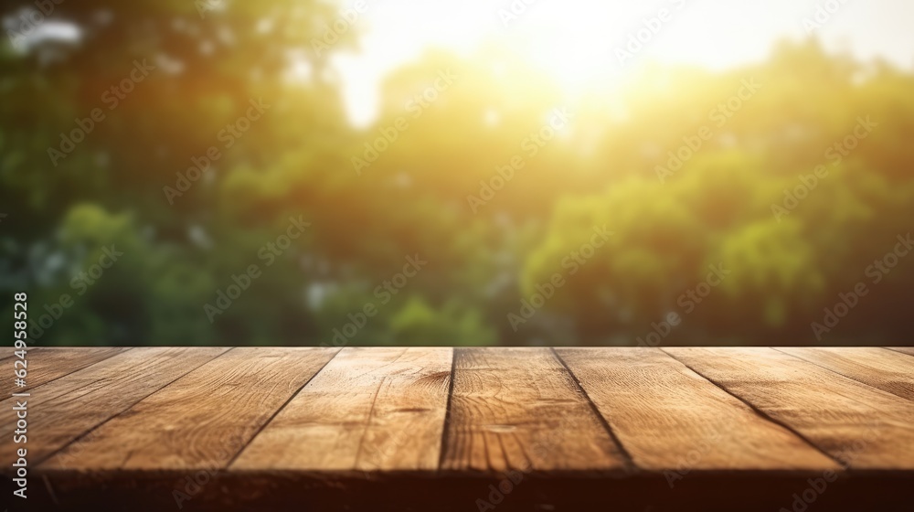 An empty wooden table on a blurry background of water and trees. Generative AI An empty wooden table on a blurry background of water and trees. Generative AI