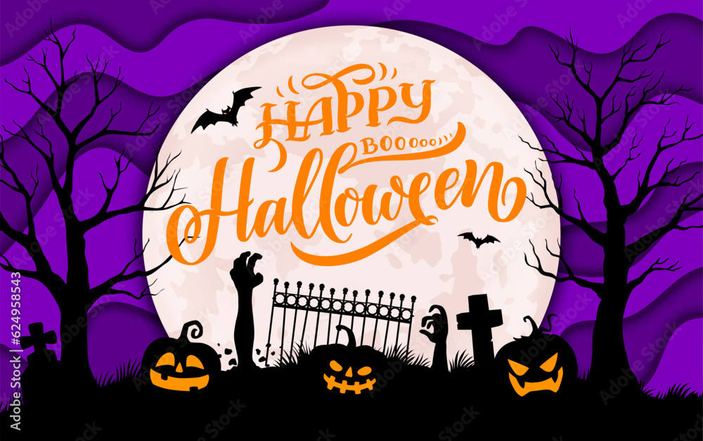 Halloween cemetery silhouette paper cut landscape. Vector greeting card with pumpkins, zombie hand. Night graveyard with tombs, scary jack lanterns, full moon and spooky bats 3d effect papercut design