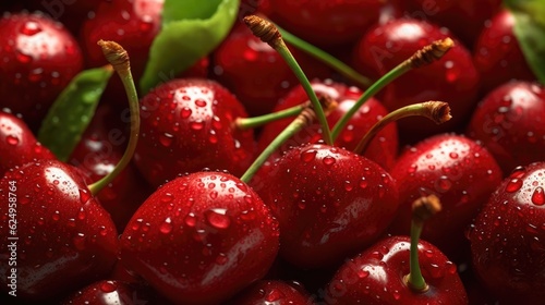 Background of multiple cherries with leaves, close up. Healthy eating, summer freshness. Generative AI