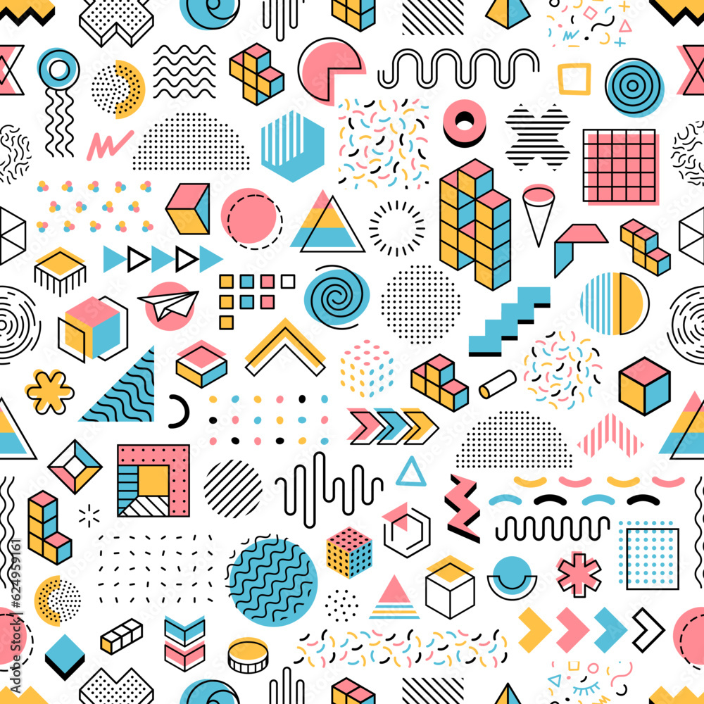 Memphis pattern background, abstract shapes and geometric elements, seamless vector. Memphis pattern shapes in gradient color and doodle line figures, pop art collage of random geometric shapes Memphis pattern background, abstract shapes and geometric elements, seamless vector. Memphis pattern shapes in gradient color and doodle line figures, pop art collage of random geometric shapes