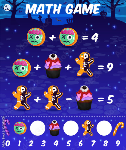 Math game worksheet. Cartoon halloween candies and sweets. Children mathematical quiz, vector riddle or math puzzle with Halloween zombie and gingerbread skeleton cookie, eyeball cupcake, candy cane