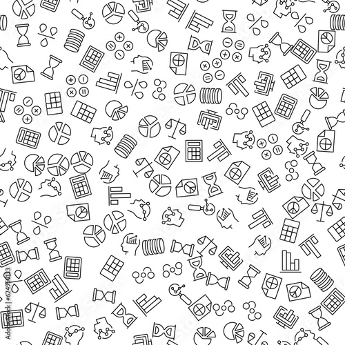 Analytics vector seamless pattern. Texture background with thin line icons. Black outline symbols of business on white background. Seamless vector pattern for web design, printable product, etc.