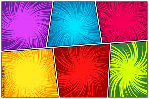 Colorful twisted comic book radial rays, lines. Comics background with motion, speed lines. Pop art style elements. Vector illustration © 32 pixels