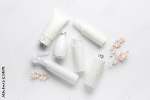 Composition with different cosmetic products and dried plants on light background