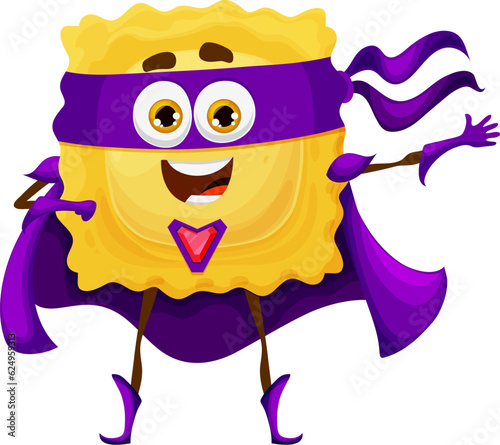 Cartoon pasta superhero, Italian ravioli super hero character in costume, vector superman. Funny ravioli pasta defender or warrior guardian in superhero mantle cape and purple mask, kids rescue ranger