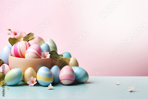 easter card with bright colored eggs and copy space. Generative AI