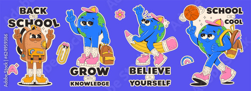 Retro stickers on themed back to school. Funky retro groovy characters. Earth Planet, backpack. Motivation phrases and slogan. Contemporary vector illustration.	