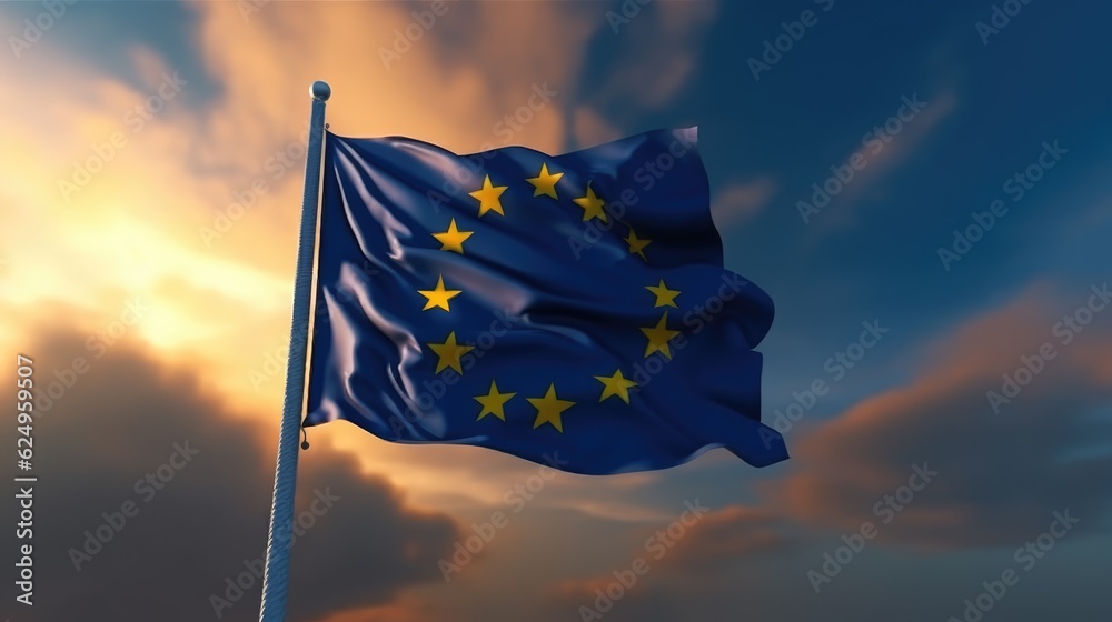 The EU flag is waving isolated against a cloudy sky. The national flag of the European Union. Policy concept. Generative AI