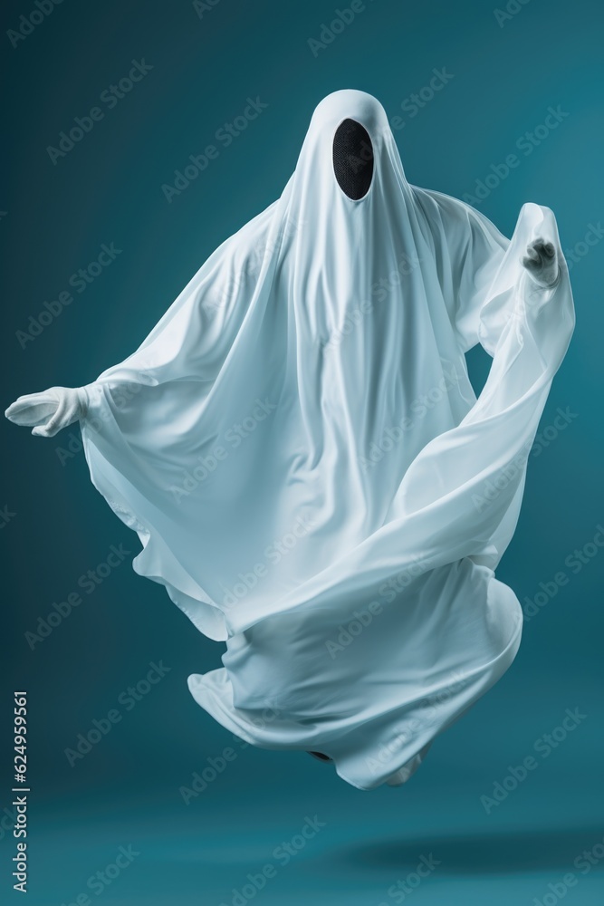 A person in a ghost costume is flying through the air. Generative AI.