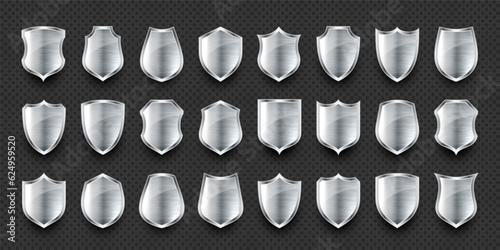 Set of various vintage 3d metal shield icons. Shiny steel heraldic shields. Black protection and security symbol, label. Vector illustration