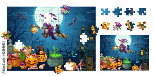 Halloween cartoon sweets and flying witch. Jigsaw puzzle game pieces. Vector worksheet for developing attentiveness. Logic task find detail that fell out of picture. Brain teaser quiz page for kids