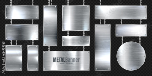 Metal banners hanging on a chain. Realistic shiny steel plate with screws. Polished silver metal surface. Vector illustration