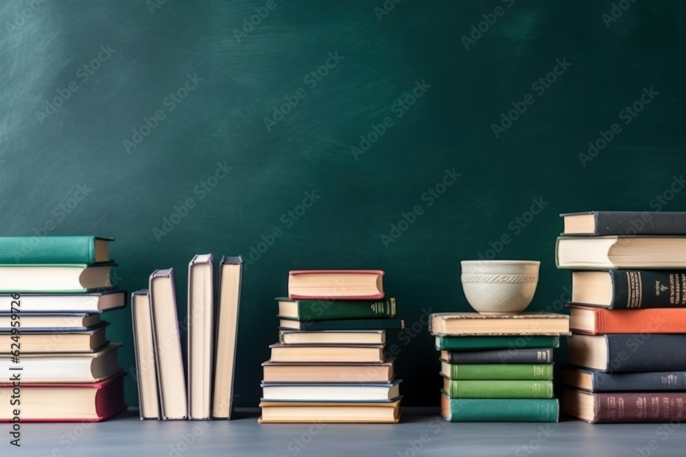 school supplies and textbooks on the background of the school board. Generative AI school supplies and textbooks on the background of the school board. Generative AI