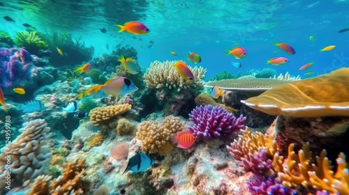 Group of colorful fish and sea animals with colorful coral