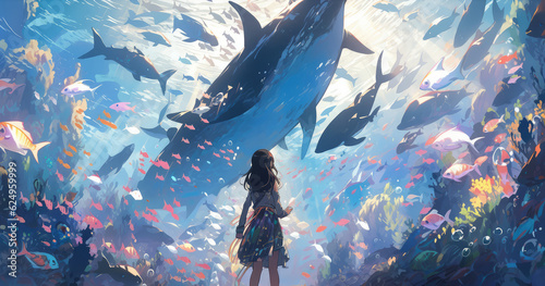 Anime girl underwater in a multicolored underwater costume, a group of colored fish on the background, illustration. Generative AI