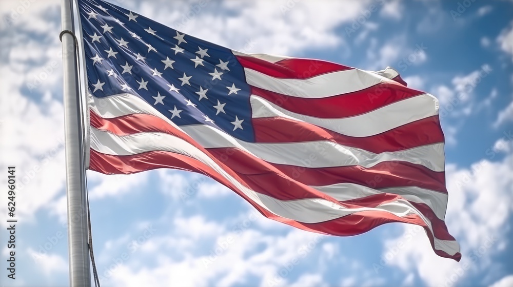 The American flag is waving against the sky. The national flag of the USA. Generative AI