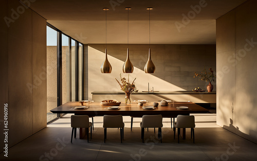 Interior design minimalista di moderna sala da pranzo con lampade a sospensione in ottone contro pareti in stucco beige. Stile di fotografia architettonica, photo