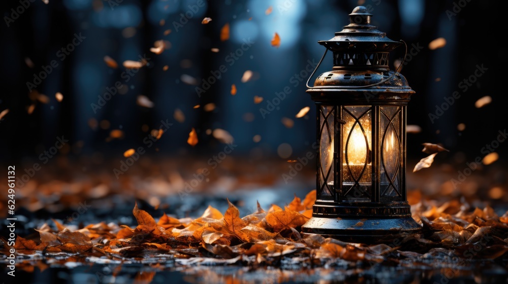 A lantern sitting on top of a pile of leaves. Generative AI. A lantern sitting on top of a pile of leaves. Generative AI.