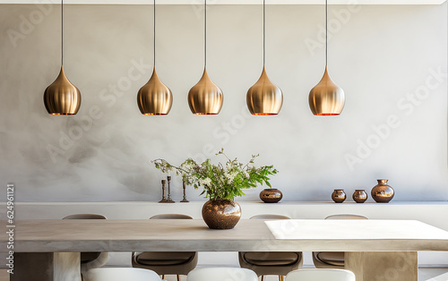 Interior design minimalista di moderna sala da pranzo con lampade a sospensione in ottone contro pareti in stucco beige. Stile di fotografia architettonica,