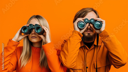  a man and a woman carefully look through binoculars on a orange background.generative AI.