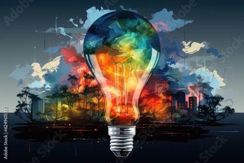 A colorful light bulb with a city in the background. Generative AI.