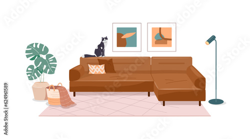 Folding brown corner sofa bed with cushions, floor lamp, carpet, potted plant, wicker basket with blanket, paintings on wall in abstract style. Vector illustration of living room of recreation area.