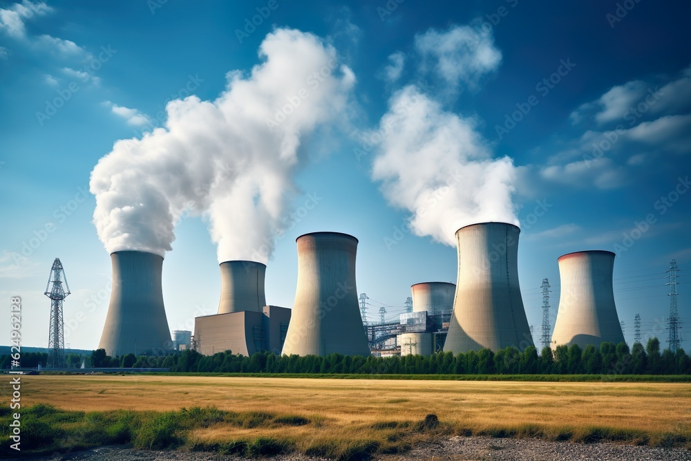 Cooling towers of nuclear power plant producing electrical energy with large pipes | Generative AI