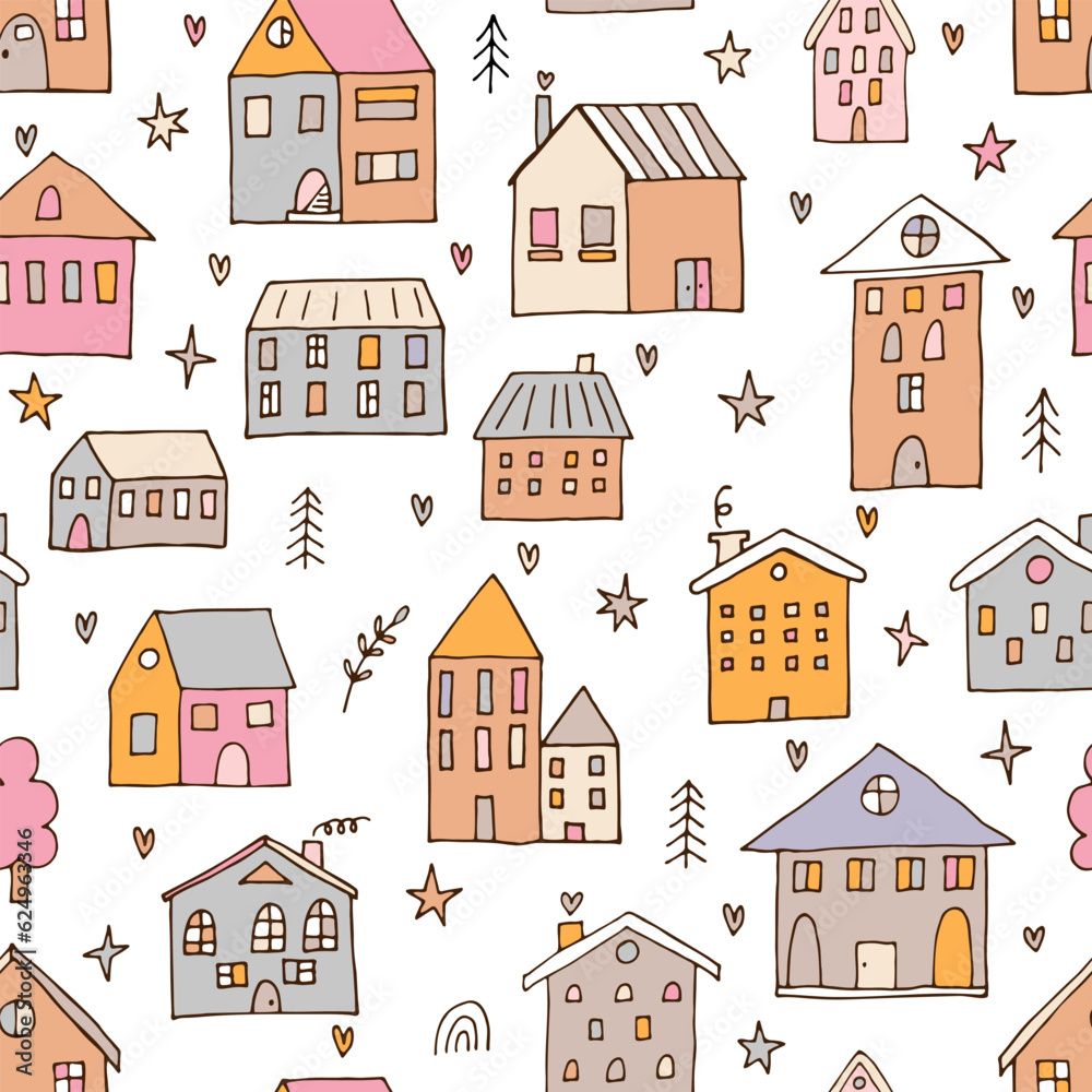 Cute seamless pattern with hand drawn houses. Buildings. Doodle style. Texture for fabric, textile, wrapping, wallpaper